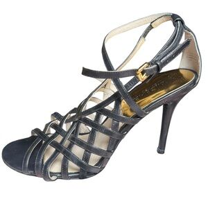 Michael Kors Black Leather Strappy Sandal Heels Cage Ankle Strap 2.5” Heel